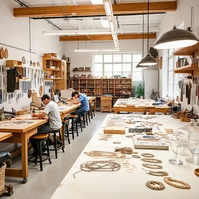 A bright, modern jewelry workshop with artisans at their benches.