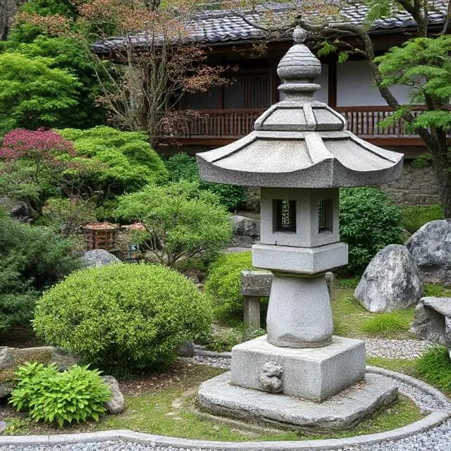 A Japanese garden with a stone lantern.