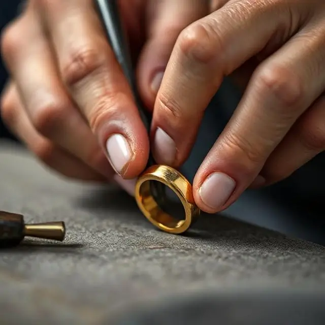 Close-up of an artisan's hands polishing a golden ring.