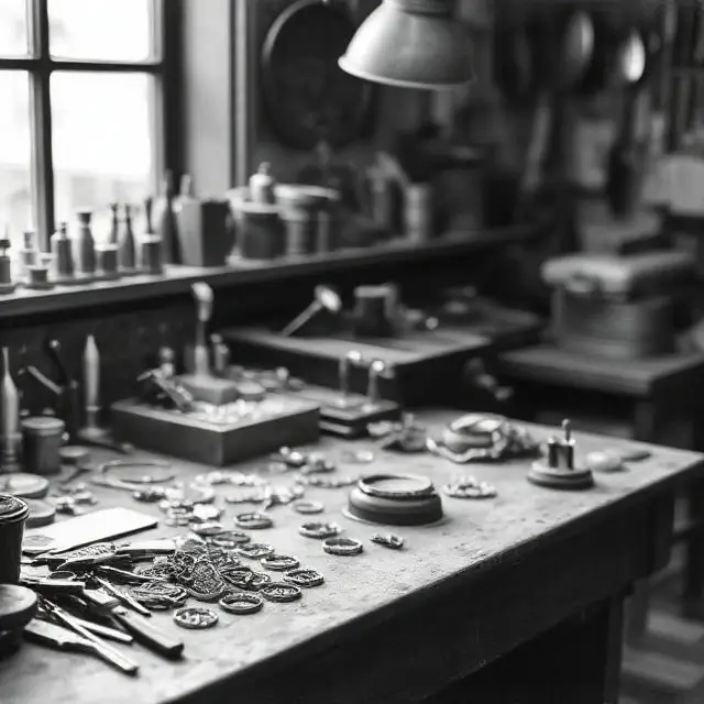 A vintage-style black and white photo of a jeweler's workbench.
